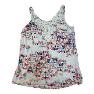Y2K Boho Lace Tank Top Geometric Print Sleeveless Colorful Festival Summer Top M
